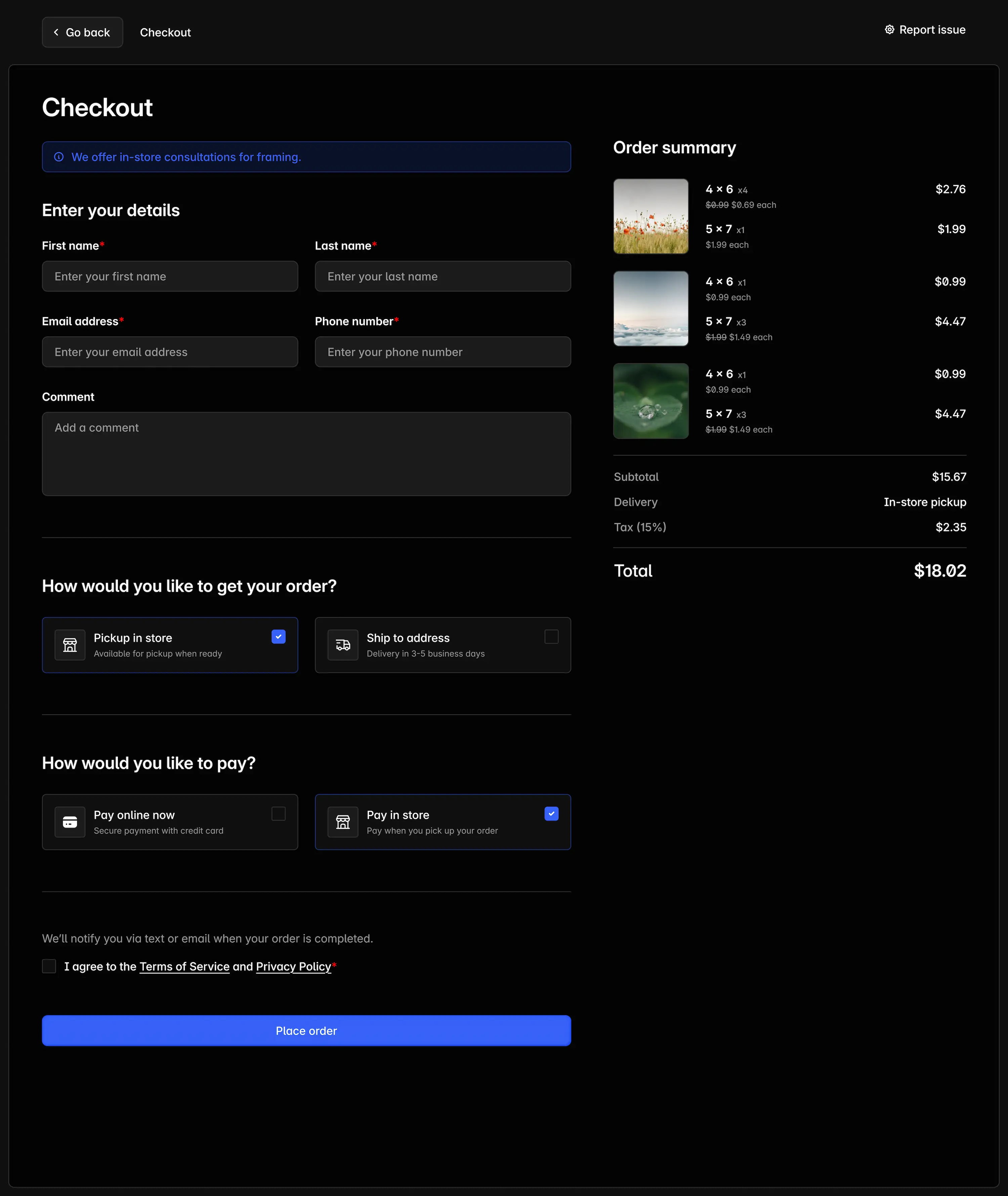 Checkout interface